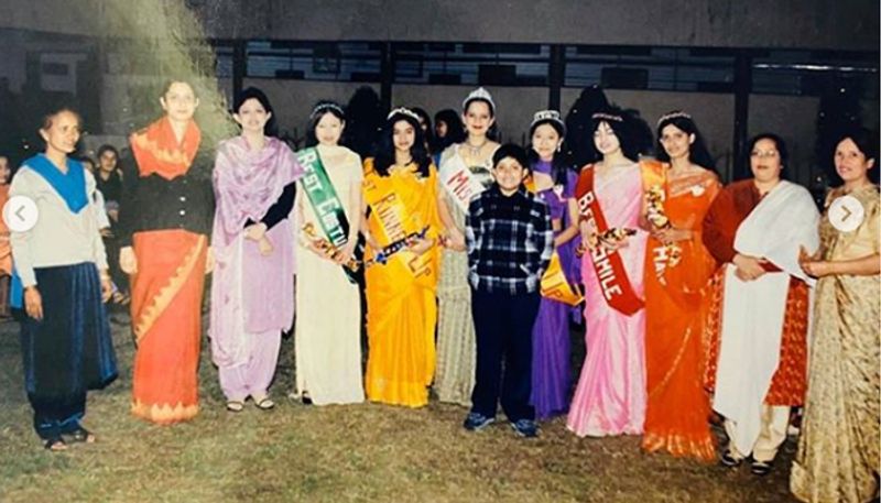 In one picture, she is decked up in traditional attire wearing tiaras and sashes of 'Miss Evening'.
