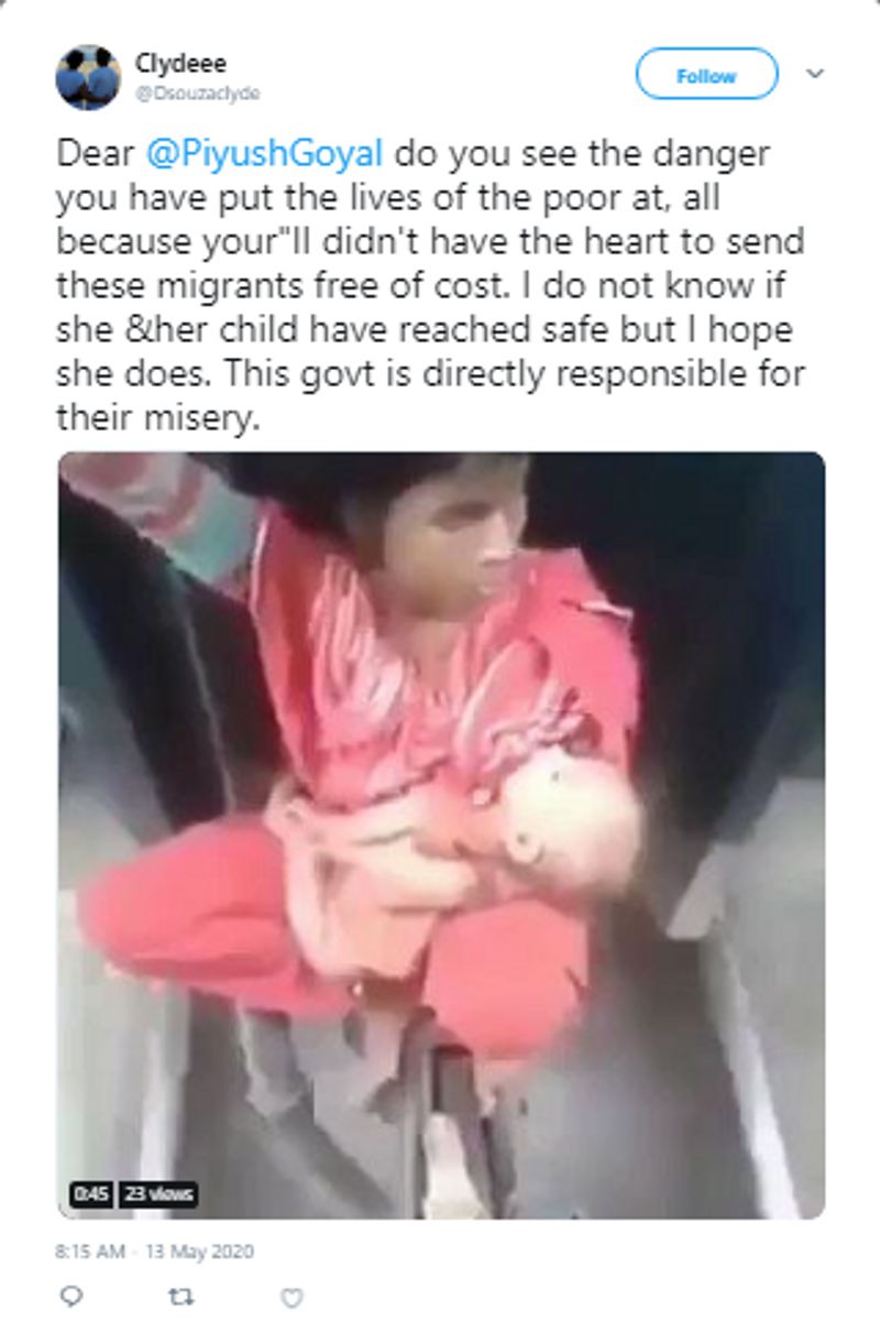 ट्विटर पर वायरल कई ट्विटर यूज़र्स ने रेल मंत्री, पियूष गोयल को टैग कर आग्रह किया की रेल मंत्रालय श्रमिक ट्रेनों पर सवार अपने घर की ओर जा रहे मज़दूरों की सुरक्षा सुनिश्चित करे। 
