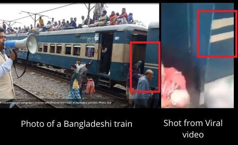 हमने वायरल वीडियो को की-फ्रेम्स में अलग-अलग कर यांडेक्स नामक सर्च इंजन पर रिवर्स इमेज सर्च किया और पाया की यह वीडियो जुलाई 2016 से है। कई सोशल मीडिया यूज़र्स ने यह इशारा किया की यह वीडियो बांग्लादेश का हो सकता है क्योंकि बांग्लादेशी ट्रेनों पर बनी पिली लाइनें वीडियो में दिख रही बोगियों पर बनी लाइनों से मेल खाती हैं। हमने वायरल वीडियो में पिली लाइनें दिखाने वाले एक फ्रेम को बांग्लादेश की ट्रेन की तस्वीर से तुलना कर पाया की दोनों मेल खाती हैं।