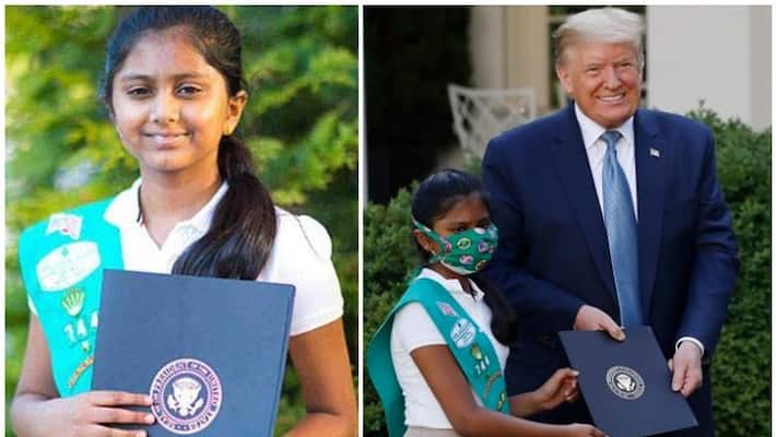 Donald trump felicitate 10 year old Indian girl for donate cookies to corona warriors Donald trump felicitate 10 year old Indian girl for donate cookies to corona warriors