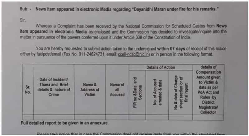 National sc commission inquiry about Dayanithi Maran speech