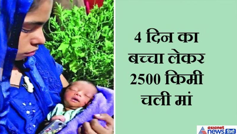 यह तस्वीर मध्य प्रदेश से सामने आई थी। पश्चिम बंगाल के मालदा की खातून 2500 किमी का सफर पैदल करते दिखाई दी थीं। हैरानी की बात उनकी गोद में मासूम बच्चा था।