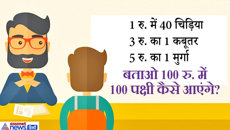 जवाब: 2 रु. में 80 चिड़िया, 3 रु. में 1 कबूतर और 95 रु. में 19 मुर्गे खरीदकर 2+3+95= 100 में सौ पक्षी आ जाएंगे।
