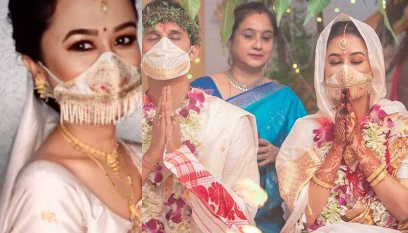 bride wears silk handloom mask for wedding
