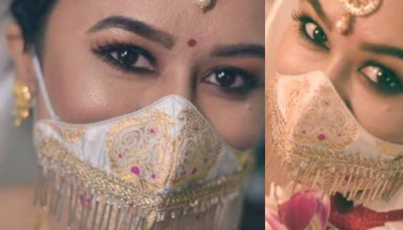 bride wears silk handloom mask for wedding