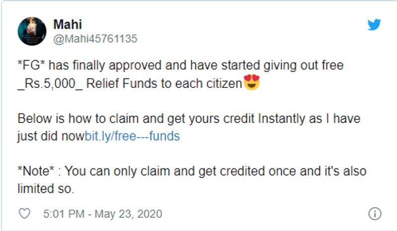Viral Fake Message modi govt giving Rs 5000 to all indians as covid 19 relief fund