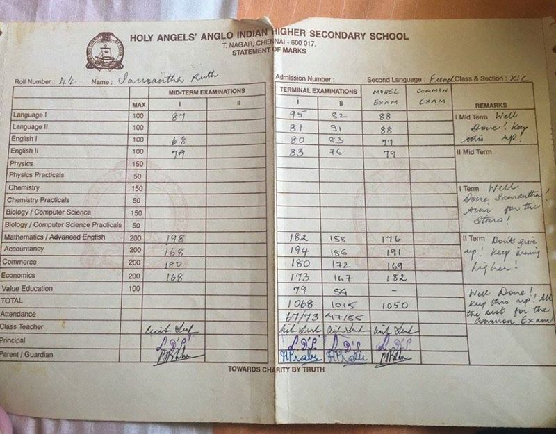 Not just her, Samantha's fans too seemed impressed with her high grades and encouraging remarks from her teachers on a half-yearly mark sheet from CSI St Stephen's Matriculation School, Chennai.
