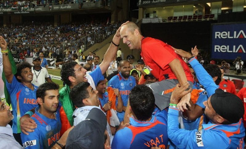 This picture shows how Indian players hoisted Kirsten after they won the World Cup 2011 in Mumbai.