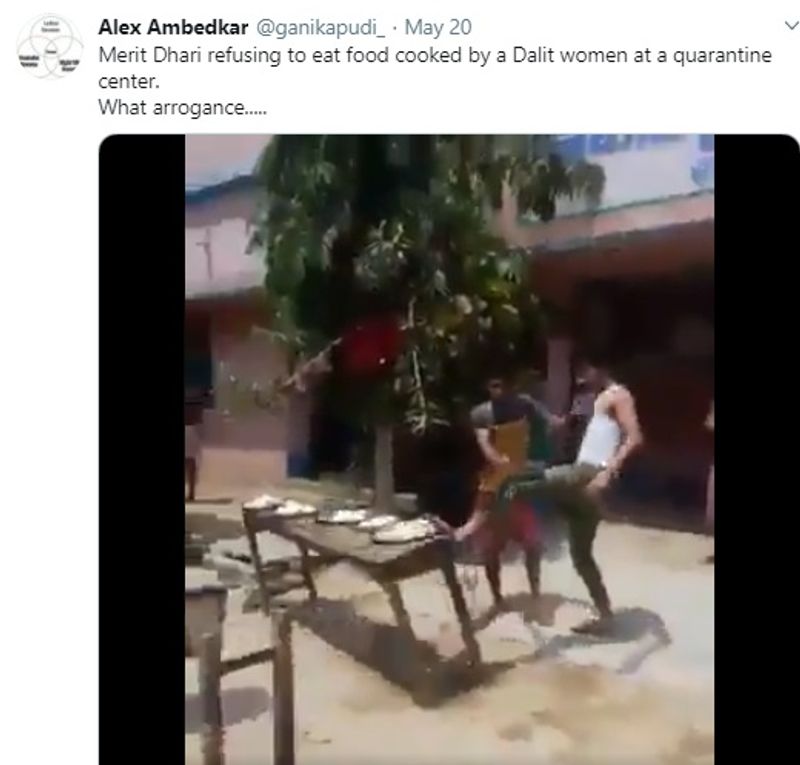 एलेक्स अम्बेडकर नाम के एक अन्य ट्विटर हैंडल से 20 मई को यही वीडियो पोस्ट किया और कहा कि मेधावी लोग दलित महिला द्वारा पकाया गया खाना खाने से इनकार कर रहे हैं। यहाँ 'मेधावी' शब्द का प्रयोग उच्च जाति के हिंदुओं के लिए किया जाता है। वीडियो को 5,000 से अधिक बार रीट्वीट किया गया और 4 लाख से अधिक बार देखा गया।
