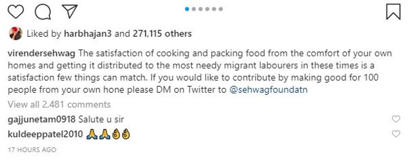Sehwag's initiative was appreciated by his former teammates and fans on Instagram.