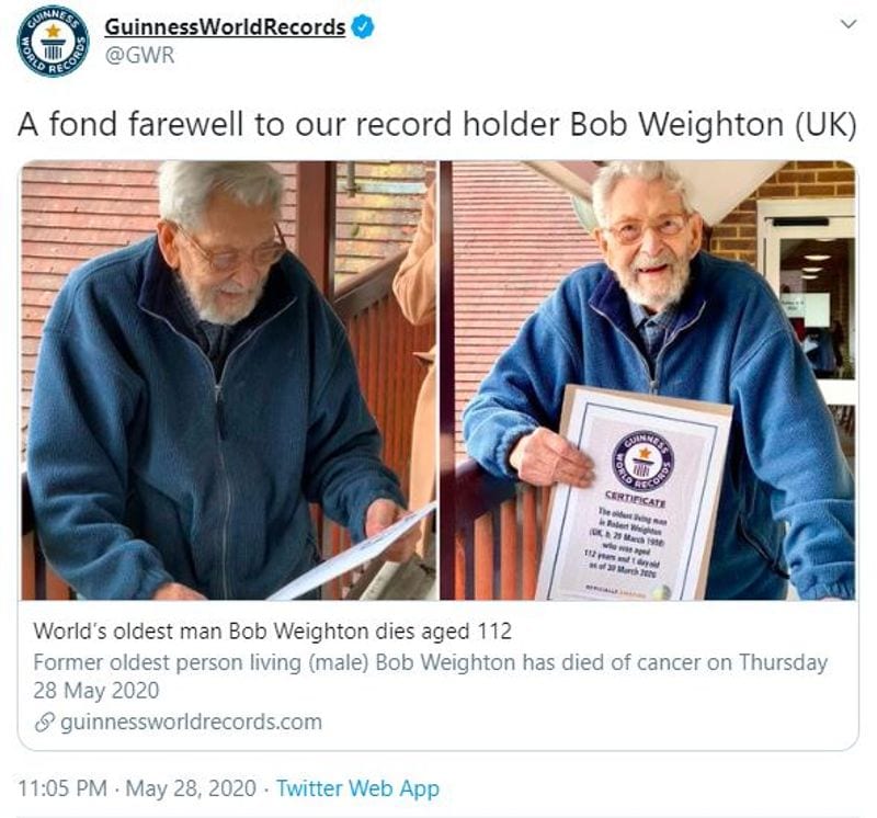 The Guinness World Records condoled the death of Weighton.
