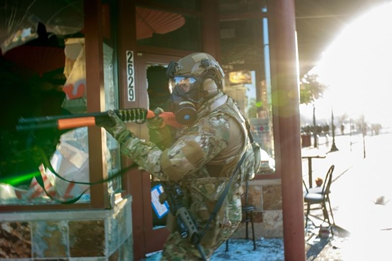 A National Guard soldier stands in a street in Minneapolis, Minnesota, on May 29.