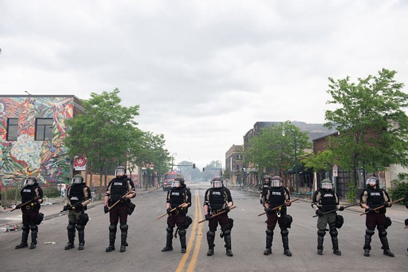 State patrol officers block off a large multi-block area around the Minneapolis Third Precinct on May 29, 2020 in Minnesota, Minneapolis.