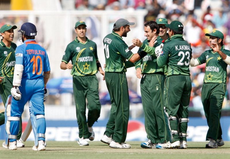 Seen here are Pakistan players celebrating Tendulkar's dismissal (LBW) to Ajmal. Their joy was short-lived.
