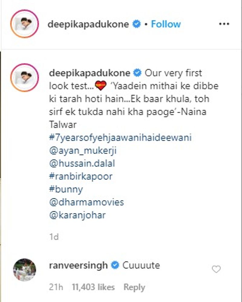 Deepika had captioned the post with a quote from her character in the film, “Our very first look test...‘Yaadein mithai ke dibbe ki tarah hoti hain...Ek baar khula, toh sirf ek tukda nahi kha paoge’-Naina Talwar.”