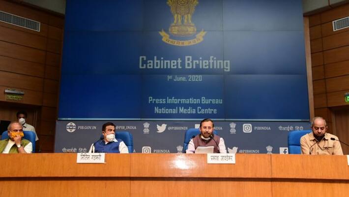 Javadekar Gadkari and Narendra Tomar address media on Union Cabinet decisions KPP Javadekar Gadkari and Narendra Tomar address media on Union Cabinet decisions KPP