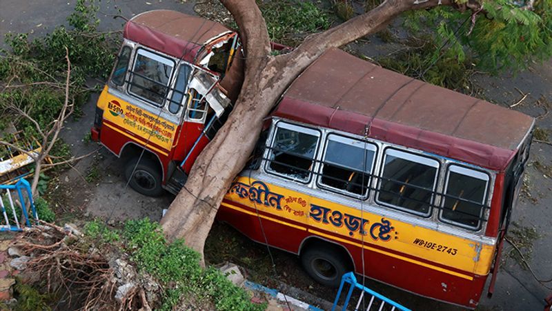 पश्चिम बंगाल में तूफान से पेड़ उखड़कर बस के ऊपर गिर पड़ा।