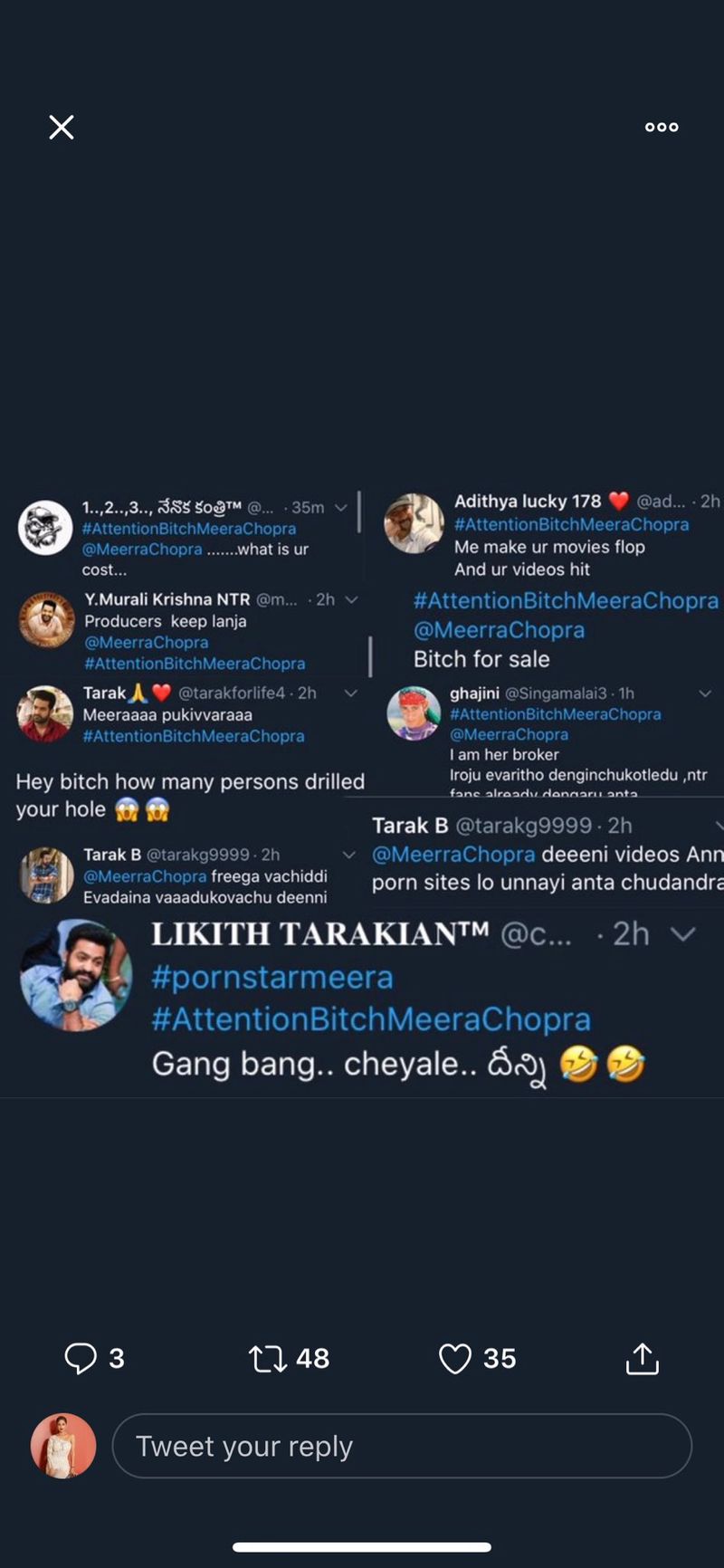 ಪೊಲೀಸರಿಗೂ ಟ್ಯಾಗ್ ಮಾಡಿರುವ ಮೀರಾ ಇಷ್ಟು ಸೋಶಿಯಲ್ ಮೀಡಿಯಾ ಖಾತೆಗಳನ್ನು ನಿಮ್ಮ ಗಮನಕ್ಕೆ ತರುತ್ತಿದ್ದು ಏನು ಕಾನೂನು ಕ್ರಮ ತೆಗೆದುಕೊಳ್ಳಿ ಎಂದು ಮನವಿ ಮಾಡಿದ್ದಾರೆ.