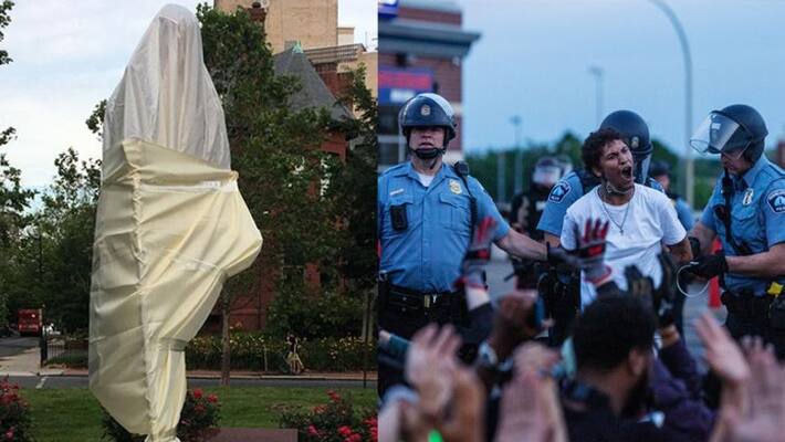 Indian embassy mahatma gandhi statue desecrated by unruly elements in USA washington DC KPS Indian embassy mahatma gandhi statue desecrated by unruly elements in USA washington DC KPS