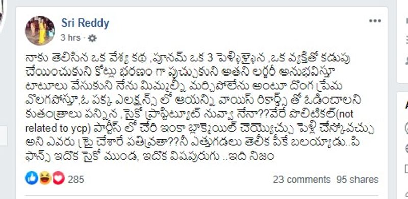 Srireddy controversial comments on poonam in Pawan kalyan issue