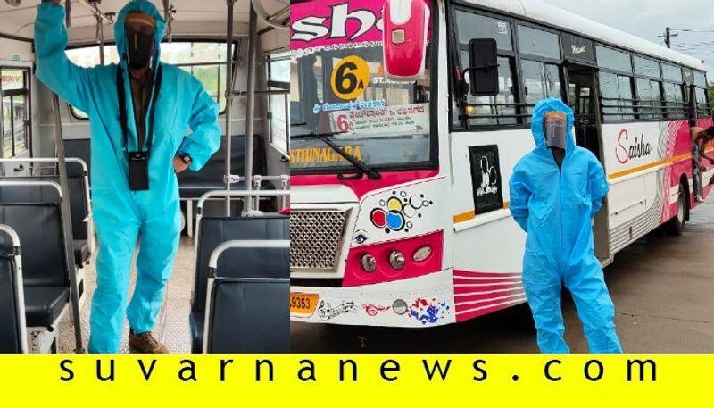 Mangalore city bus staff cover up their body with a material like ppe kit
