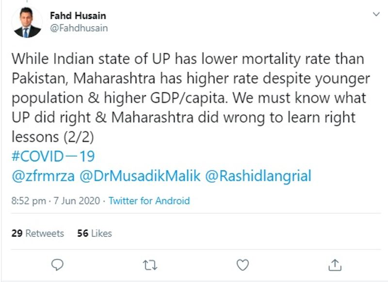 फ़हद हुसैन ने कुछ आंकड़े शेयर किए जिसमे जनसंख्या (मिलियन में) : पाकिस्तान में 208, यूपी में 225, जनसंख्या घनत्व प्रति किलोमीटर : पाकिस्तान में 275, यूपी में 932, 45 वर्ष से अधिक उम्र की आबादी (मिलियन में) : पाकिस्तान में 38, यूपी में 40, जीडीपी प्रति कैपिटा (डॉलर में) : पाकिस्तान में 1198, यूपी में 950 साक्षरता दर : पाकिस्तान में 59 फीसद, यूपी में 68 फीसद, मृत्यु दर (प्रतिदिन) : पाकिस्तान में 70 से अधिक, यूपी में दस से भी कम है।
