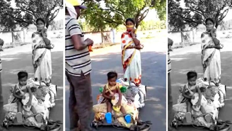 रामू नामक यह शख्स हैदराबाद में मजदूरी करता था। काम-धंधा बंद होने से जब खाने के लाले पड़े, तो वो अपनी गर्भवती पत्नी और 2 साल की बेटी को लेकर घर से निकल पड़ा। लेकिन उसने जुगाड़ की गाड़ी बनाकर अपने सफर को कुछ सरल बना दिया था। आगे पढ़ें इसी कहानी के बारे में..
