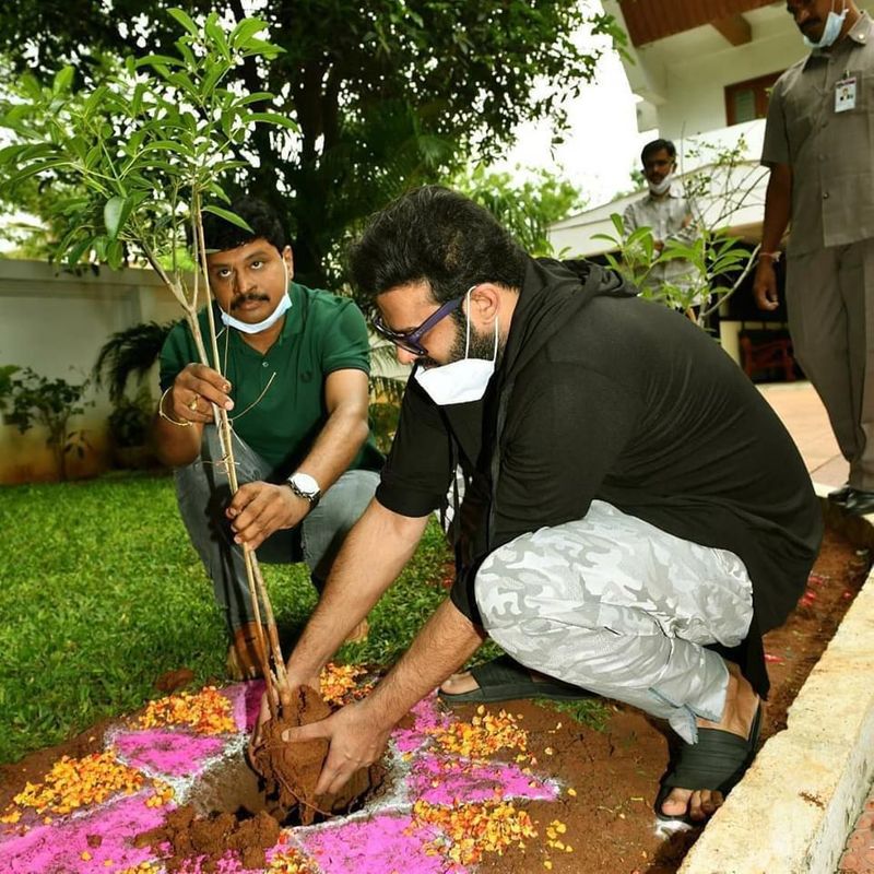 இவர் மரம் நடுவதற்கு, பூ போட்டு அலங்கரிக்கப்பட்ட குழிகள்