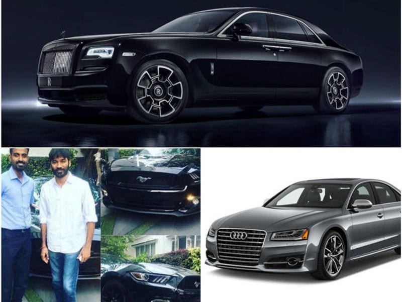 நடிகர் தனுஷ் Rolls Royal's Ghost, Audi A8 மற்றும் black Ford Mustang ஆகிய மிகவும் காஸ்லி கார்களை வைத்துள்ளார்.