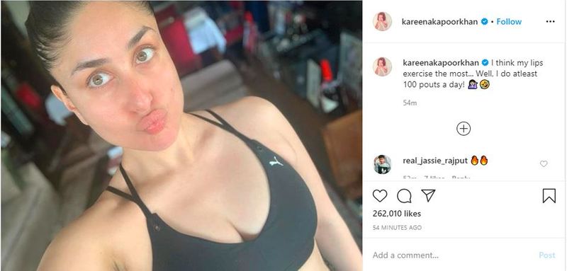 Taking to Instagram, Kareena shared the selfie and wrote, “I think my lips exercise the most… Well, I do atleast 100 pouts a day!”.