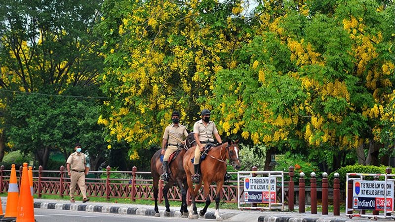 चंडीगढ़ में घुड़सवार पुलिस लॉकडाउन गश्त करते हुए।