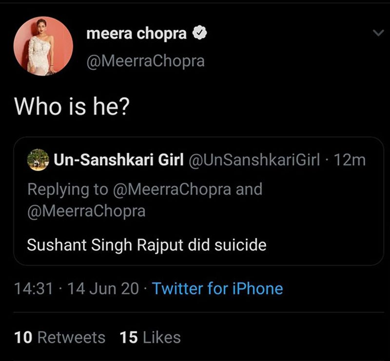 Actress Meera Chopra offers Apology to Sushant Singh
