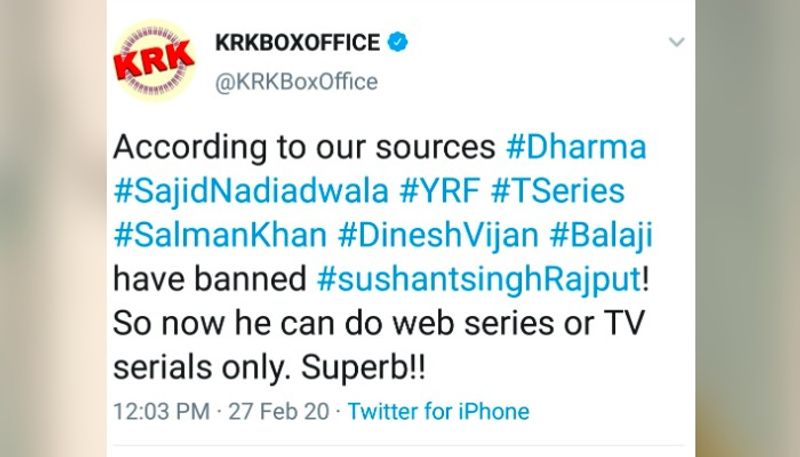 যে তালিকাতে ছিল ইয়স রাজ ফিল্ম থেকে শুরু করে ধর্মা, বালাজি, প্রভৃতির নাম। একযোগে সকলেই সুশান্তের পাশ থেকে সরে গিয়েছিল। ছোট পর্দা থেকে উঠে এসেছিলেন সুশান্ত, সেখানেই ফিরে যাওয়া ছাড়া আর কোনও উপায় ঠিল না তাঁর। 