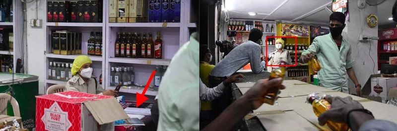 हमें वायरल तस्वीर में दिखने वाली महिला अफ़सर की कुछ और तस्वीरें भी मिलीं। इसे देखने पर कहीं भी ये नहीं लग रहा है कि ये महिला अफ़सर शराब की बिक्री का काम कर रही है। नीचे दिए गए तस्वीरों के कोलाज में बाईं ओर की तस्वीर में महिला अफ़सर डेस्क पर बैठकर कुछ काम करती हुई दिखाई दे रही हैं जबकि दाईं ओर की तस्वीर में महिला अफ़सर को दुकान के काउन्टर से काफ़ी दूर खड़े हुए देखा जा सकता है। इसके अलावा, दाईं ओर की तस्वीर में एक व्यक्ति काउन्टर पर शराब की बिक्री करता हुआ दिख रहा है।
दुबे ने आगे बताया, “ये काफ़ी दुर्भाग्यपूर्ण बात है कि अपनी ड्यूटी कर रही महिला एक्साइज़ अफ़सर की तस्वीर शेयर कर झूठा दावा फैलाया जा रहा है कि वो महिला अफ़सर शराब बेचने का काम कर रही है। ये बात सभी को समझनी चाहिए कि बिना किसी भेदभाव के हमारे सारे अफ़सरों को अपना काम करने के लिए ट्रेन किया जाता है। तस्वीर में दिखने वाली अफ़सर पिछले कई दशकों से देश के लिए काम कर रही है। महिला अफ़सरों को कई बार रेड करने या किसी बड़े क्राइम के केस को हैन्डल करने के लिए कहा जाता है।”