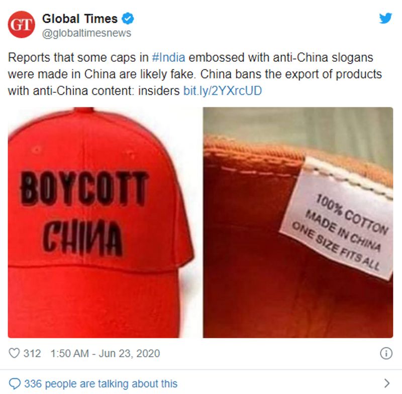 फैक्ट चेक
चीन के सरकारी अखबार ग्लोबल टाइम्स ने सोमवार को कहा कि ‘Boycott China’ लिखीं टोपियां और टीशर्ट उनके देश में नहीं बनी हैं। अखबार ने कहा कि सोशल मीडिया पर वायरल हो रहीं इन टोपियों, टीशर्ट और बैनर्स की तस्वीरें फर्जी है।
ग्लोबल टाइम्स के मुताबिक, ऐसा हो सकता है कि भारतीय कारोबारियों ने इनका आयात चीन से किया हो और बाद में उनके ऊपर ‘Boycott China’ प्रिंट कर दिया हो। अखबार ने कहा कि यह ‘कॉमन सेंस’ की बात है कि चीन में इसका निर्माण या निर्यात करते हुए पकड़े जाने पर सजा का प्रावधान है।