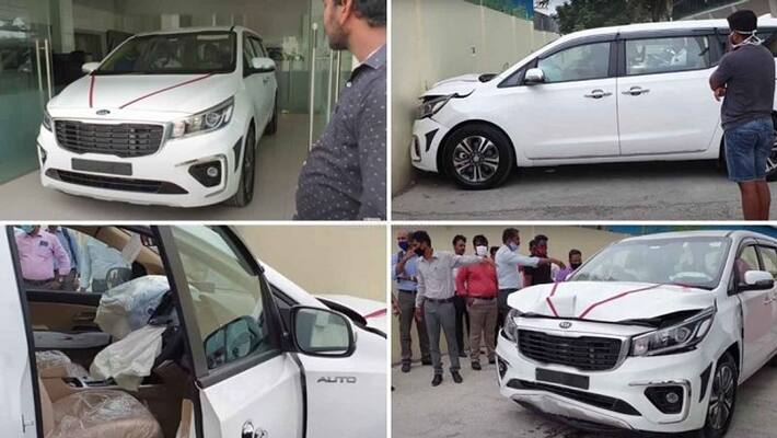 New Kia Carnival car Owner Crashes Into a Wall During Delivery New Kia Carnival car Owner Crashes Into a Wall During Delivery