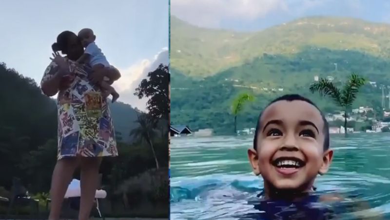 स्विमिंग पूल के किनारे बेटी आयत के साथ अर्पिता बेहद खुश नजर आईं। 