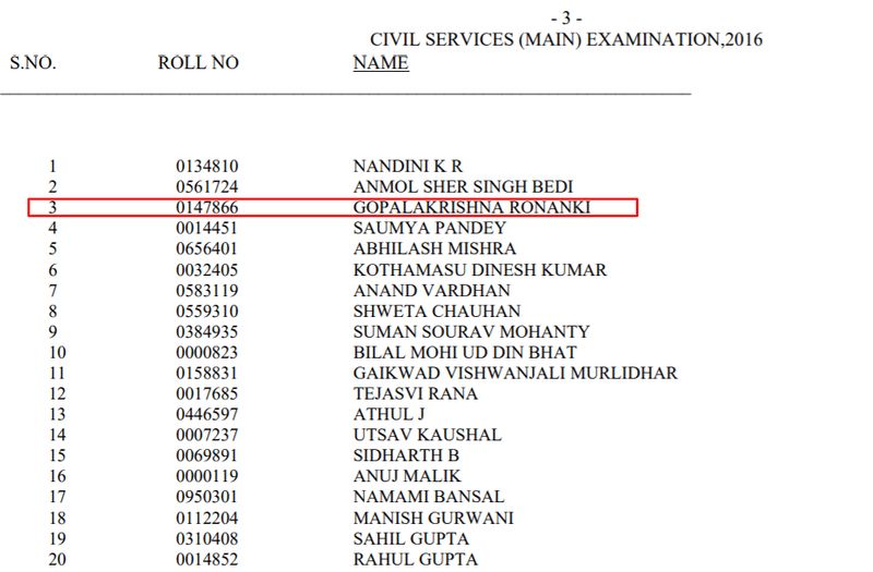 हमने गूगल चेक करके 2016 के UPSC परीक्षा के कैंडिडेट्स की पूरी लिस्ट देखी (रिज़ल्ट 2017 में घोषित किए गए) और पाया कि रेवती नाम की कोई कैंडिडेट नहीं थी जिसने तीसरा स्थान हासिल किया हो। दरअसल तीसरी रैंक पाने वाले कैंडिडेट का नाम गोपाल कृष्ण रोनंकी था।
