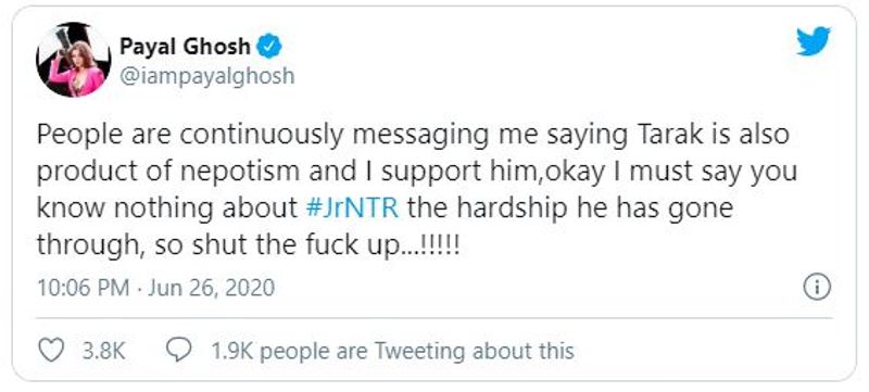 Payal Ghosh shocking reaction on who oppose Jr NTR