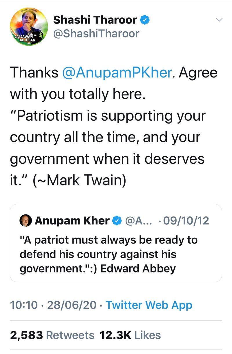 war of words in twitter between Shashi Tharoor and Anupam Kher