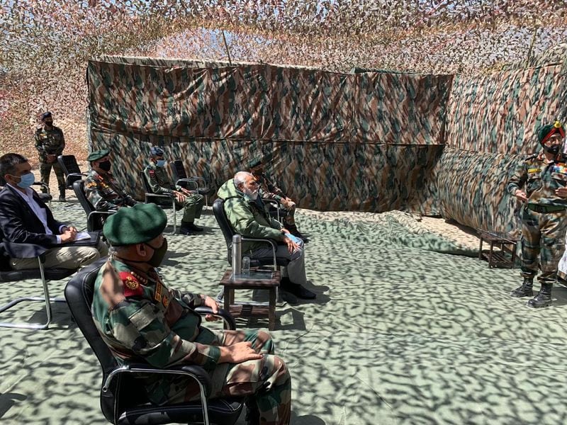 PM Modi lands in Leh at Ladakh with cds Bipin Rawat meets soldiers