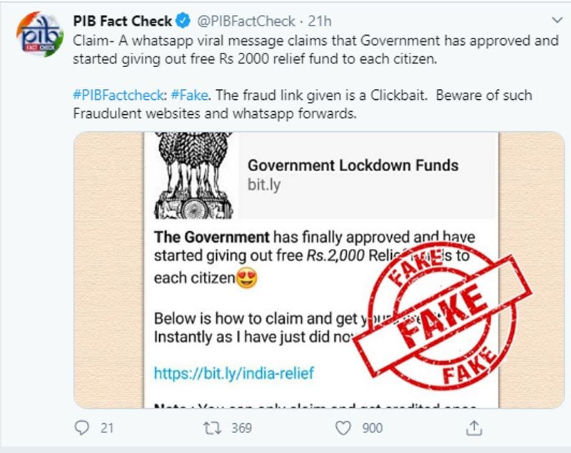 government not giving 2000 rupee relief fund to each citizen whatsapp viral message kpt