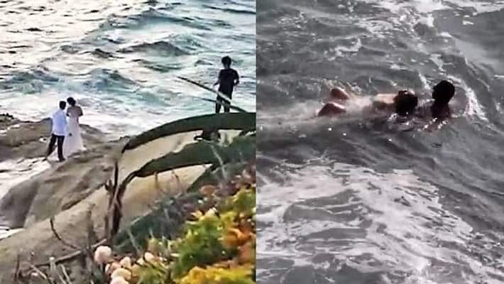 Newlywed couple are rescued off after a huge wave swept them into sea Newlywed couple are rescued off after a huge wave swept them into sea