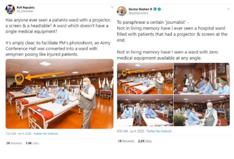 क्या दावा किया जा रहा है?
फेसबुक, ट्विटर पर सैकड़ों की तादाद में यूज़र्स ऐसे ट्वीट्स कई सौ रीट्वीट्स और पोस्ट कर रहे हैं। इसके साथ मुन्नाभाई MBBS फिल्म का एक सीन भी शेयर किया जा रहा है जिसमें तुरंत फर्जी अस्पताल बनाकर तैयार कर दिया जाता है। लोगों का दावा है कि पीएम के दौरे को देख कांफ्रेंस हॉल को अस्पताल बनाकर झूठ-मूठ के मरीज बनाकर बैठा दिए गए। 