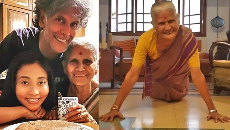 Milind soman mother usha celebrates 81st birthday by doing 15 pushup