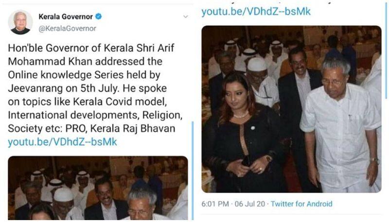 governor tweets cms images with swapna suresh and deletes later