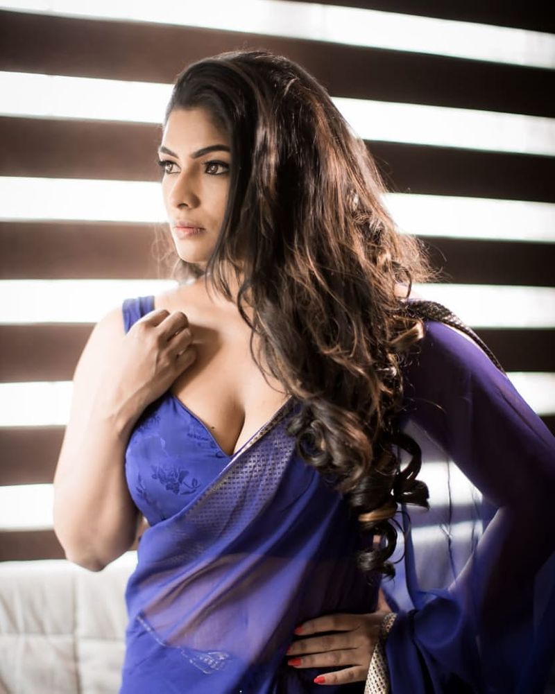 மெல்லிய நீல நிற சேலையில் மனம் மயக்கும் அழகில் விஜே மகேஸ்வரி 