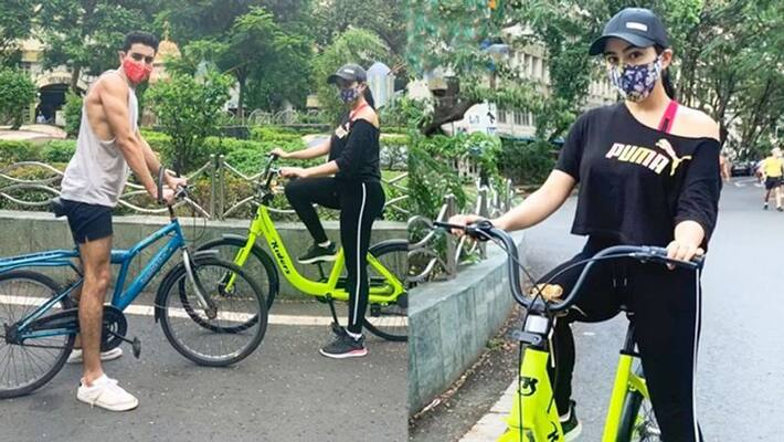 sara ali khan with brother ibrahim ali khan cycling on mumbai roads KPJ sara ali khan with brother ibrahim ali khan cycling on mumbai roads KPJ