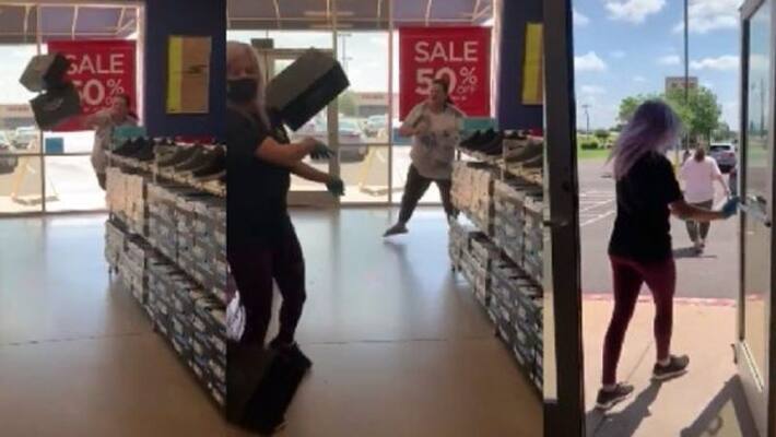 Woman throws boxes of shoes at store worker after being asked to wear face mask in america Woman throws boxes of shoes at store worker after being asked to wear face mask in america