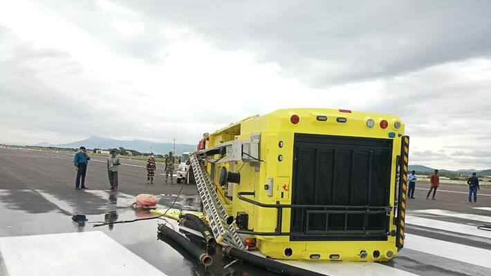 Tirupati airport averts major tragedy as fire engine overturns on runway Tirupati airport averts major tragedy as fire engine overturns on runway